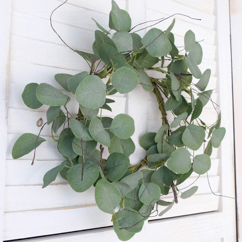 idyllic Eucalyptus Leaves Wreath Metal Polyester Green Wreath 14 Inches for The Front Door DÃ©cor, 1 Pack - Image 3